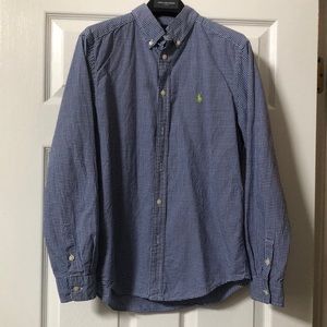 Ralph Lauren Boys' Gingham Button-Down Shirt and collar. Large 14-16.  Navy Blue